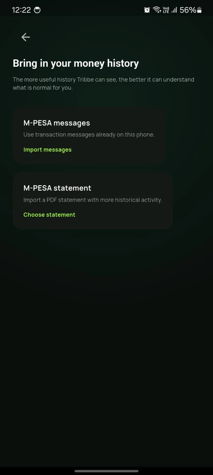 The Tribbe screen for importing your money history from messages or a statement