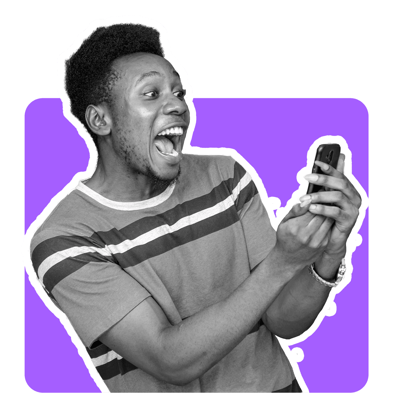 Excited man looking at his phone