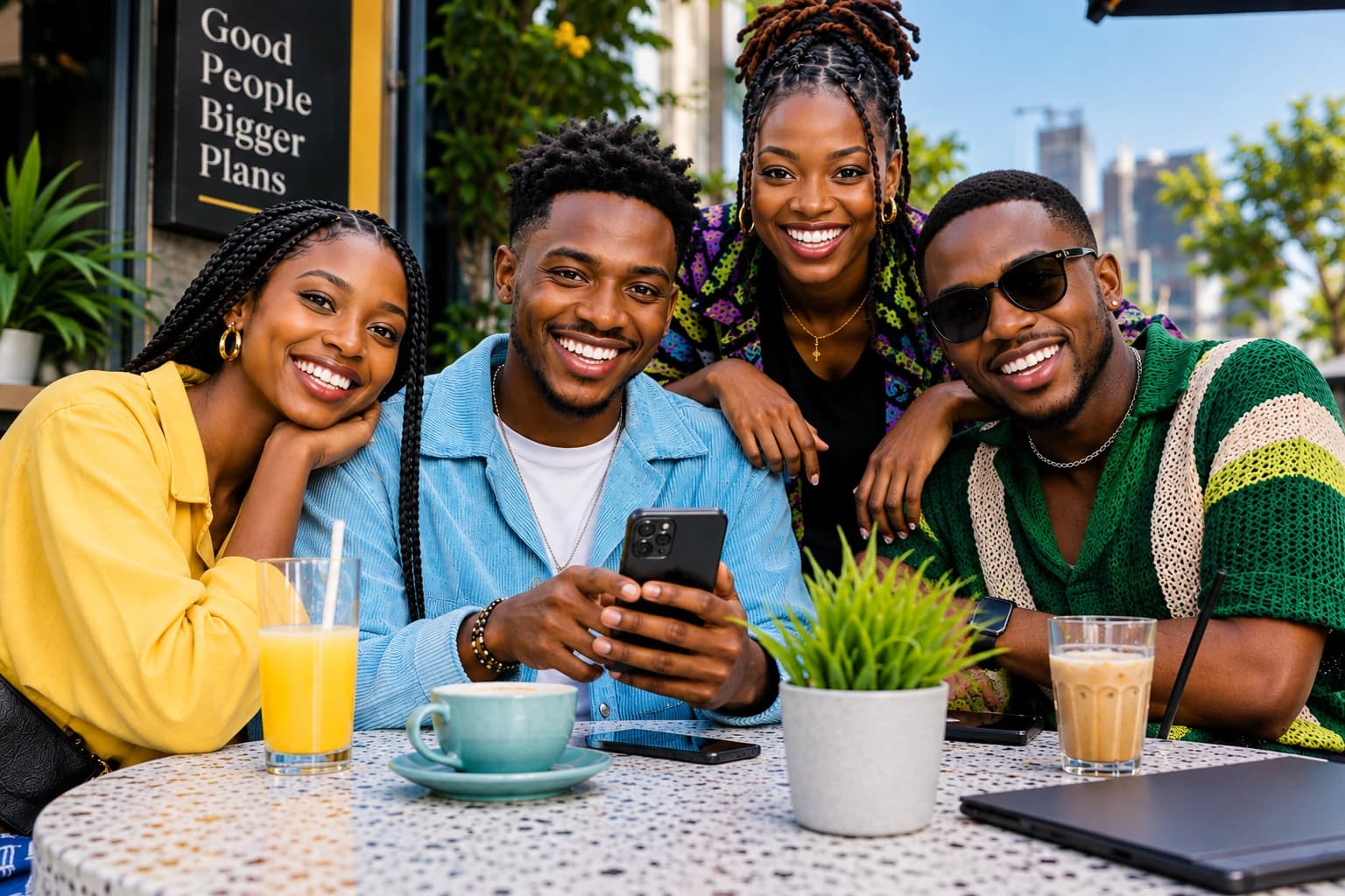Four friends smiling around a café table, one holding his phone