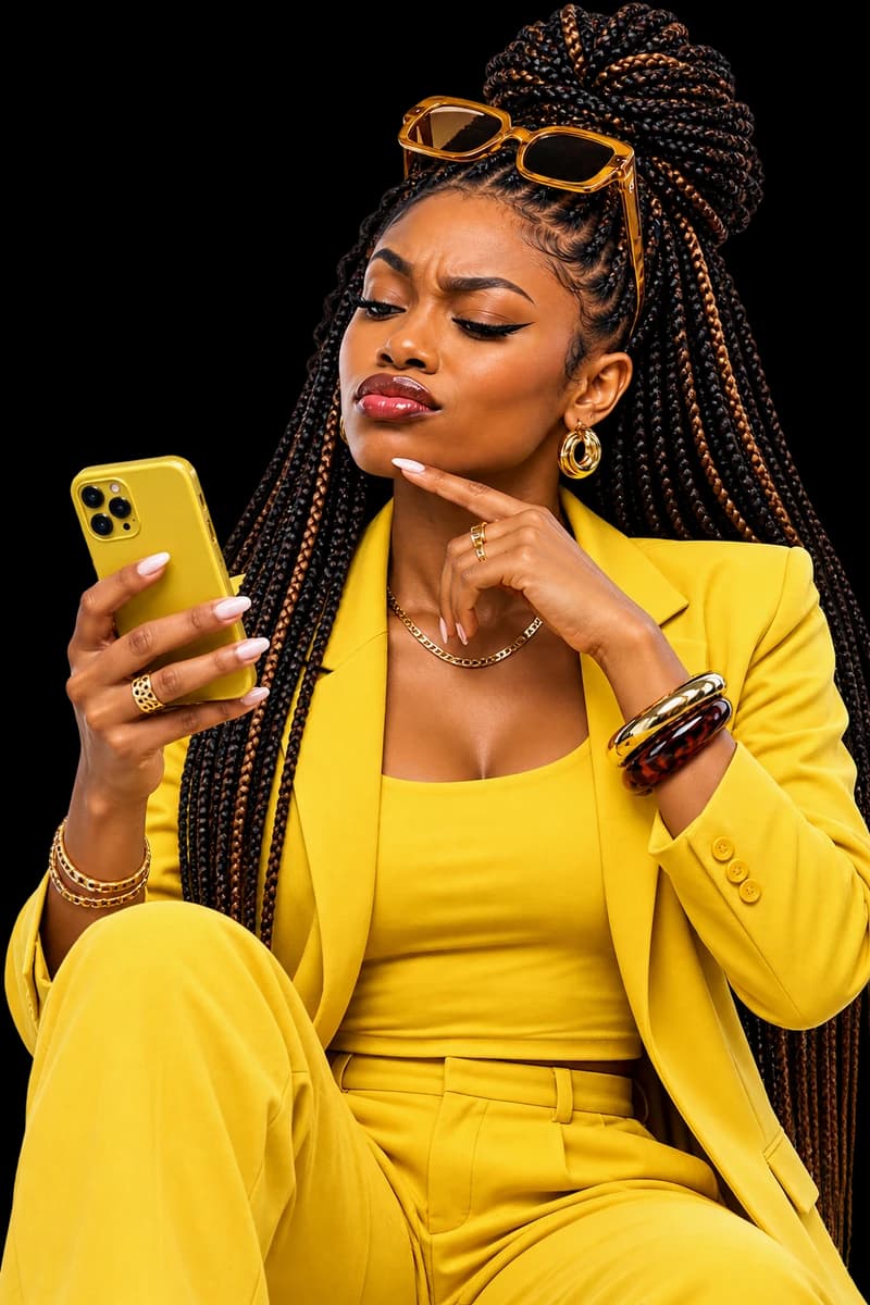 Woman in a yellow suit thinking as she looks at her phone