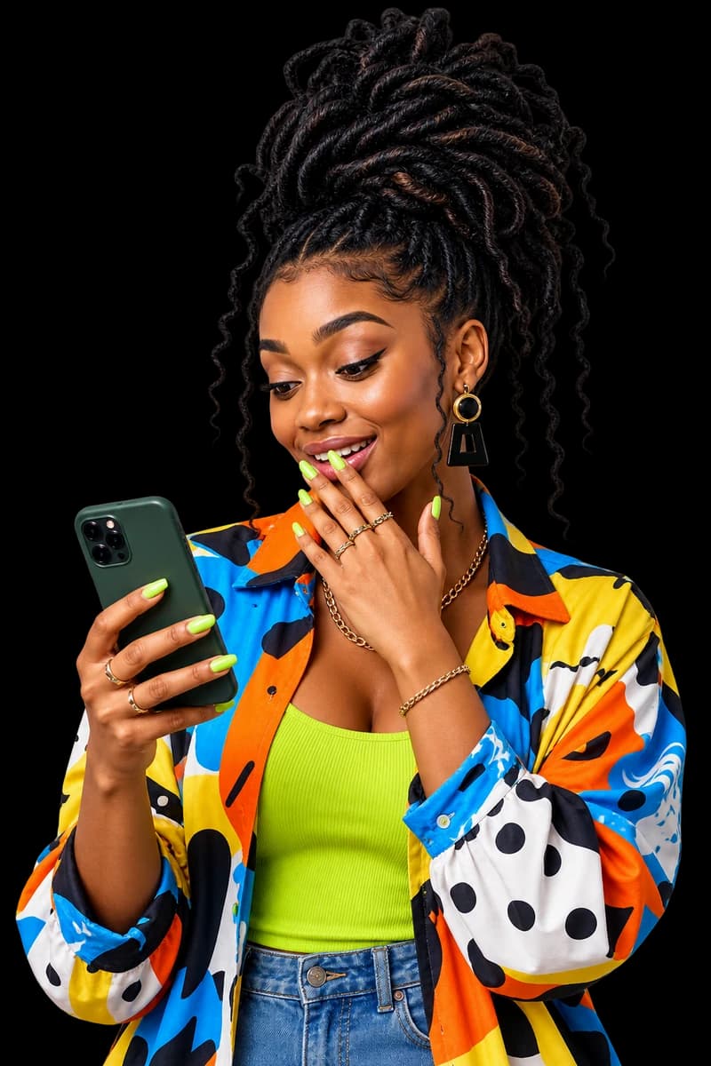 Woman smiling at her phone in a colourful jacket