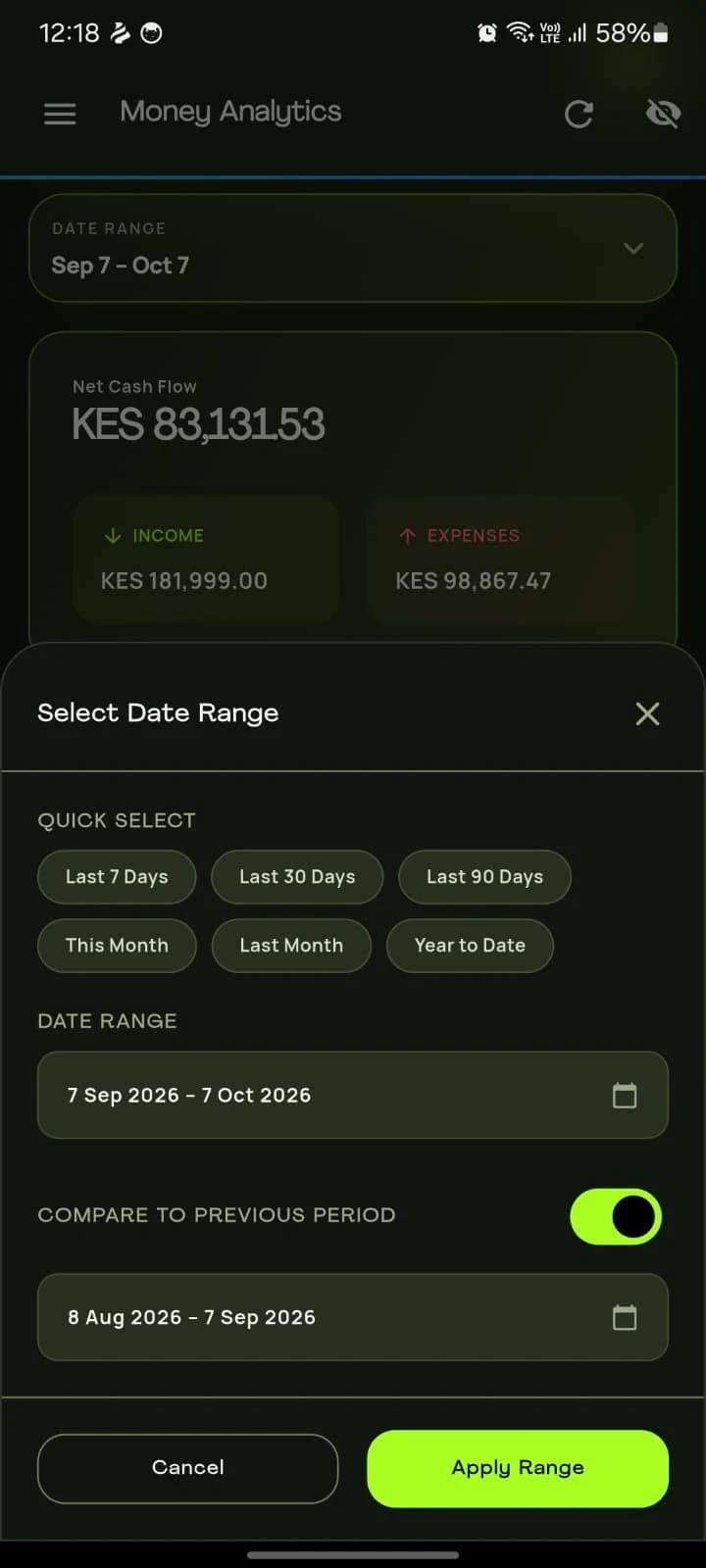 The Money Analytics date range picker with compare to previous period