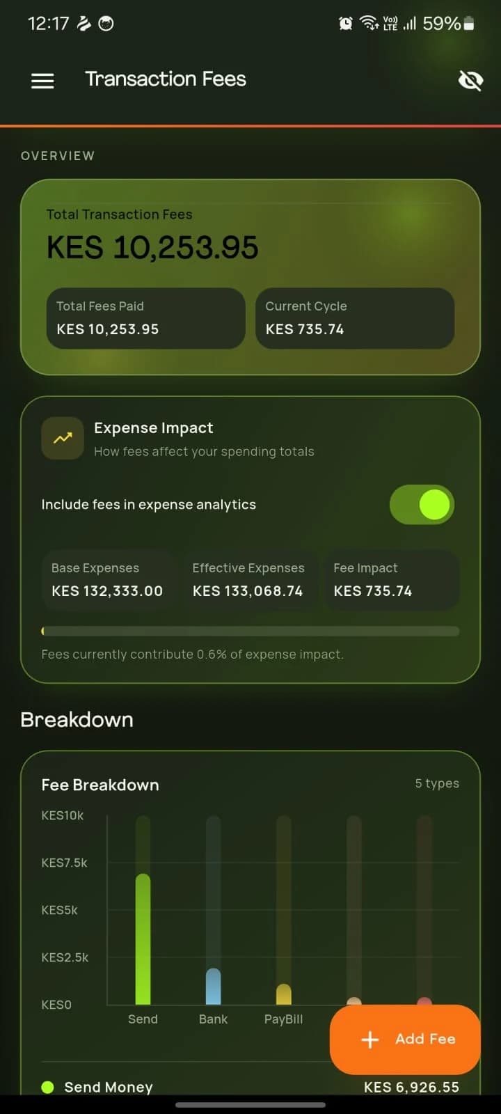 The Transaction Fees screen with a fee breakdown
