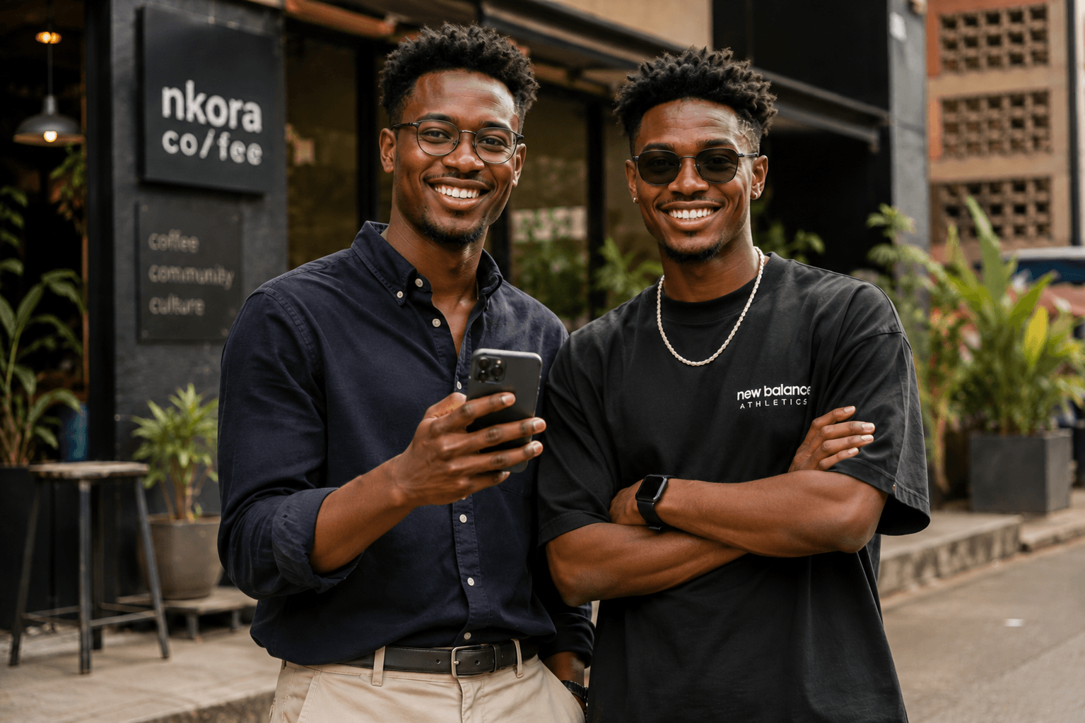 Two friends smiling outside a coffee shop