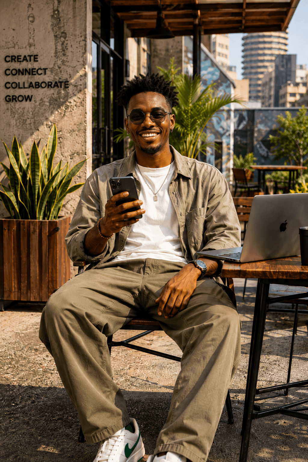 Smiling man at a café table holding his phone, laptop beside him