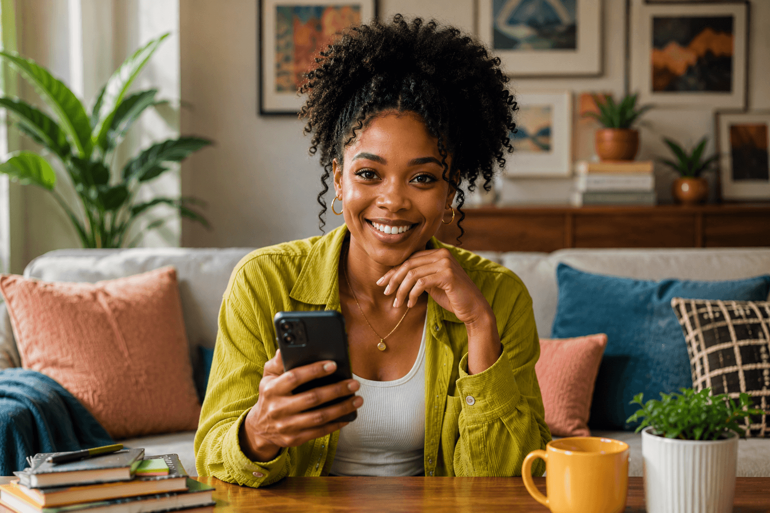 Smiling woman on a sofa holding her phone