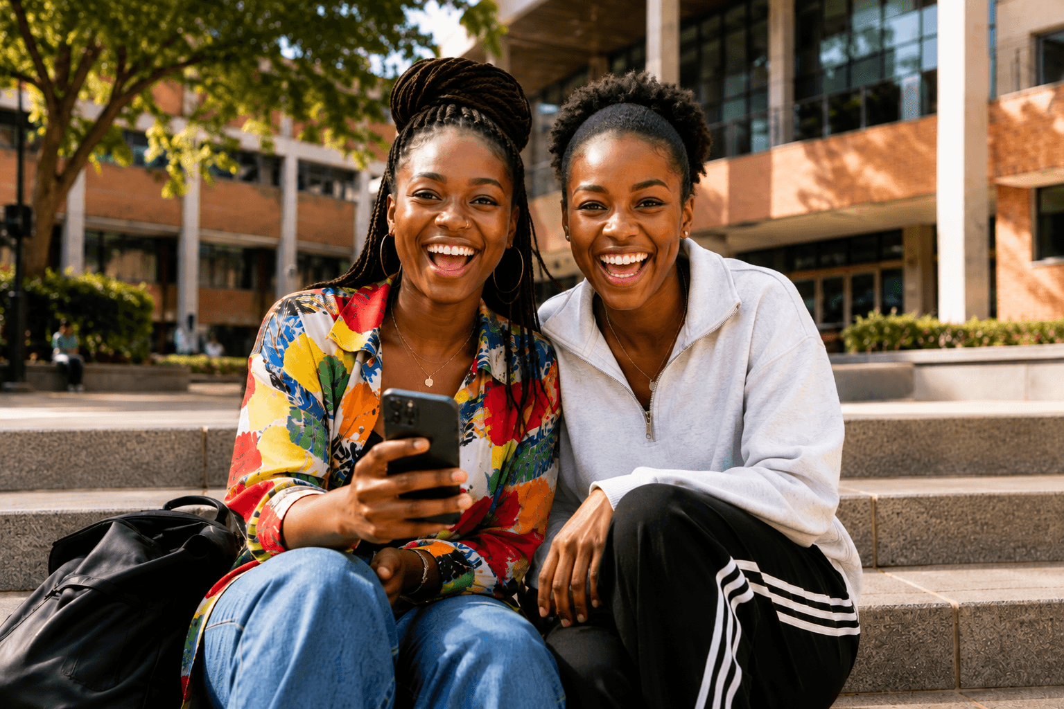 Two friends laughing together, one holding a phone