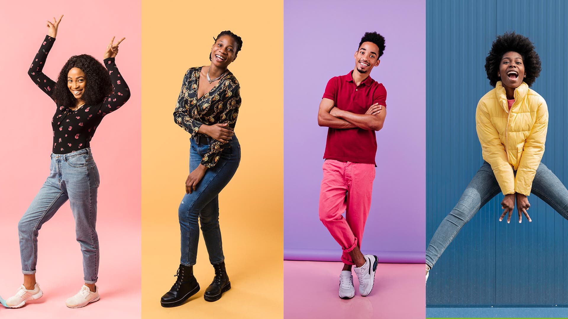 Four people posing on pink, orange, purple and blue backdrops