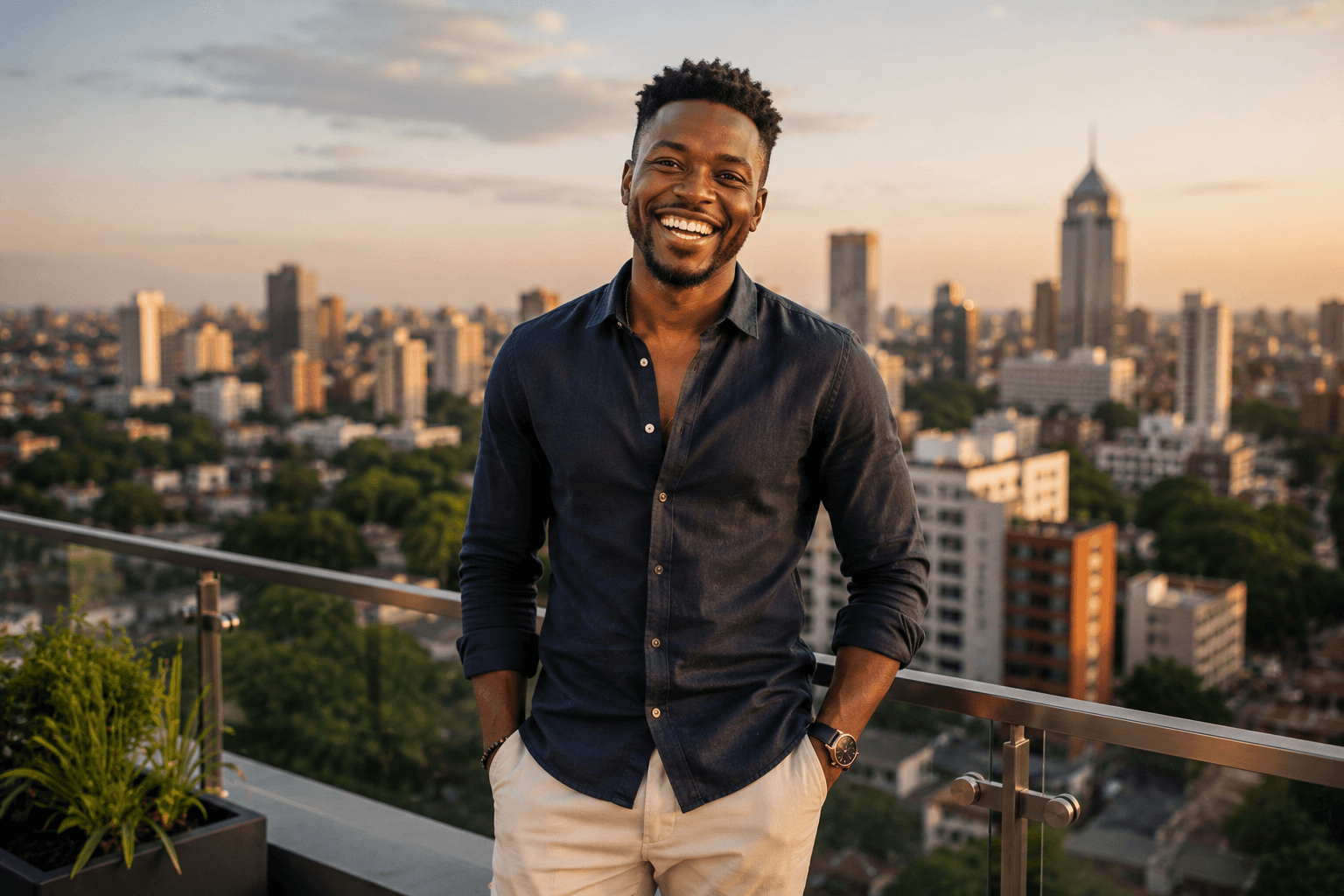 Smiling man on a rooftop overlooking the city