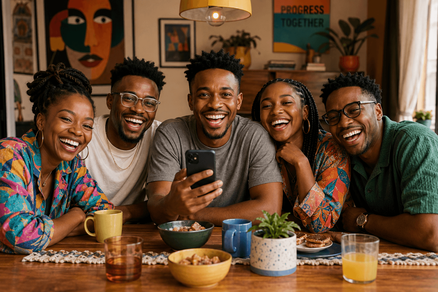 Five friends laughing together around a table