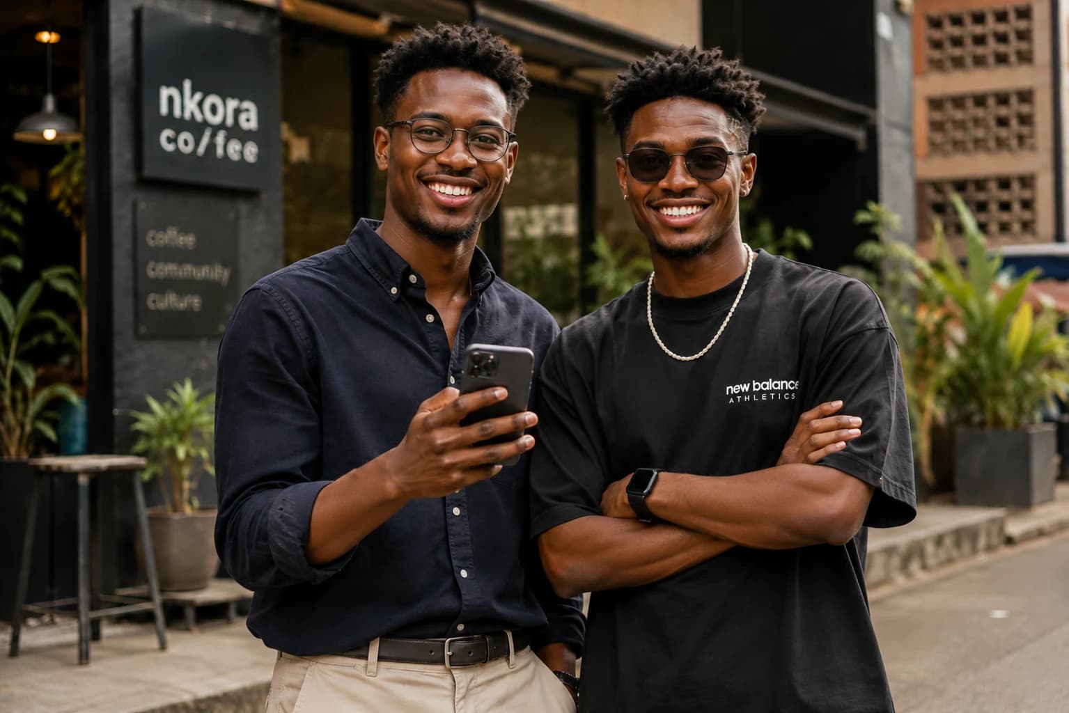 Two friends smiling outside a coffee shop, one holding his phone