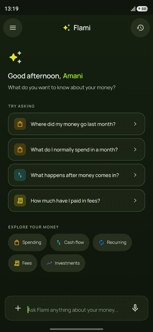 Tribbe app Ask Flami screen