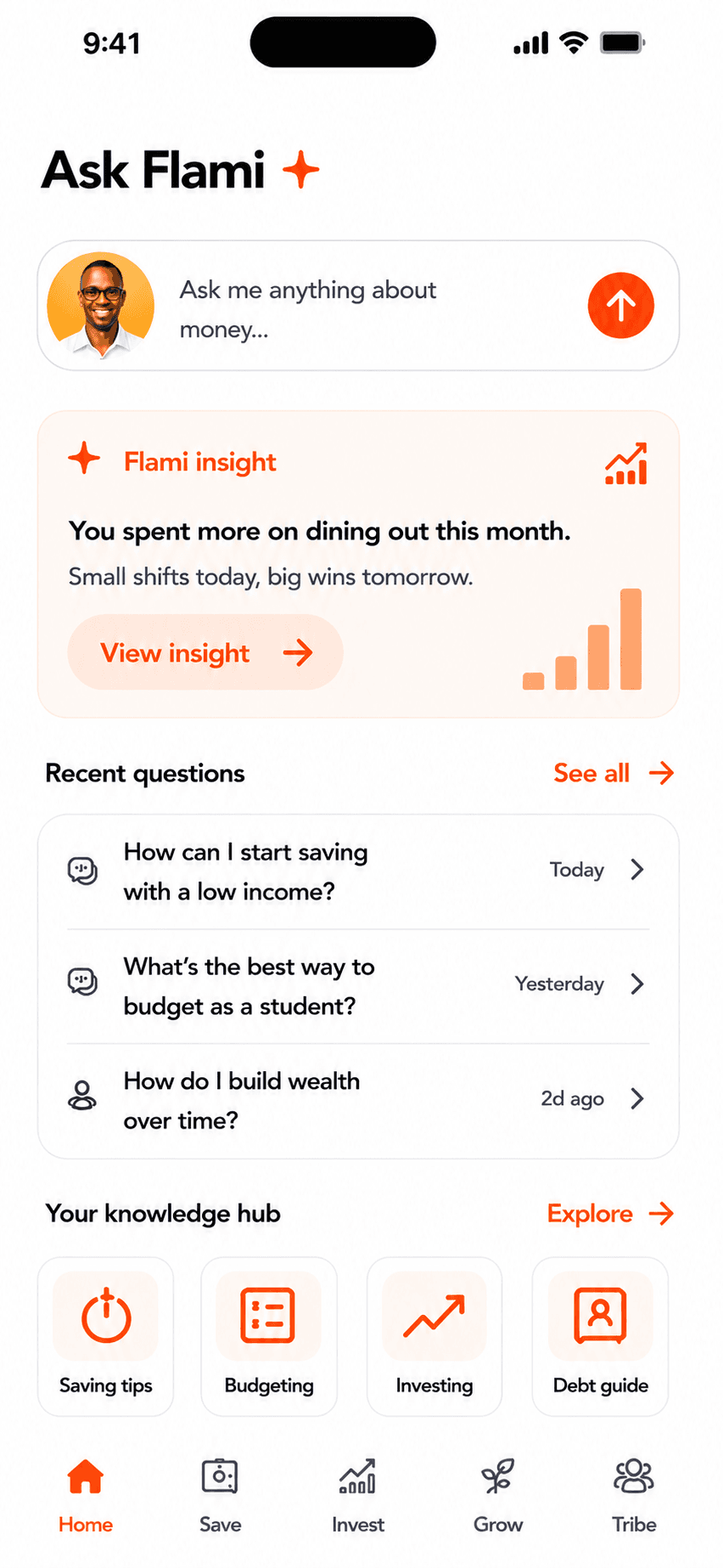 Tribbe app Ask Flami screen