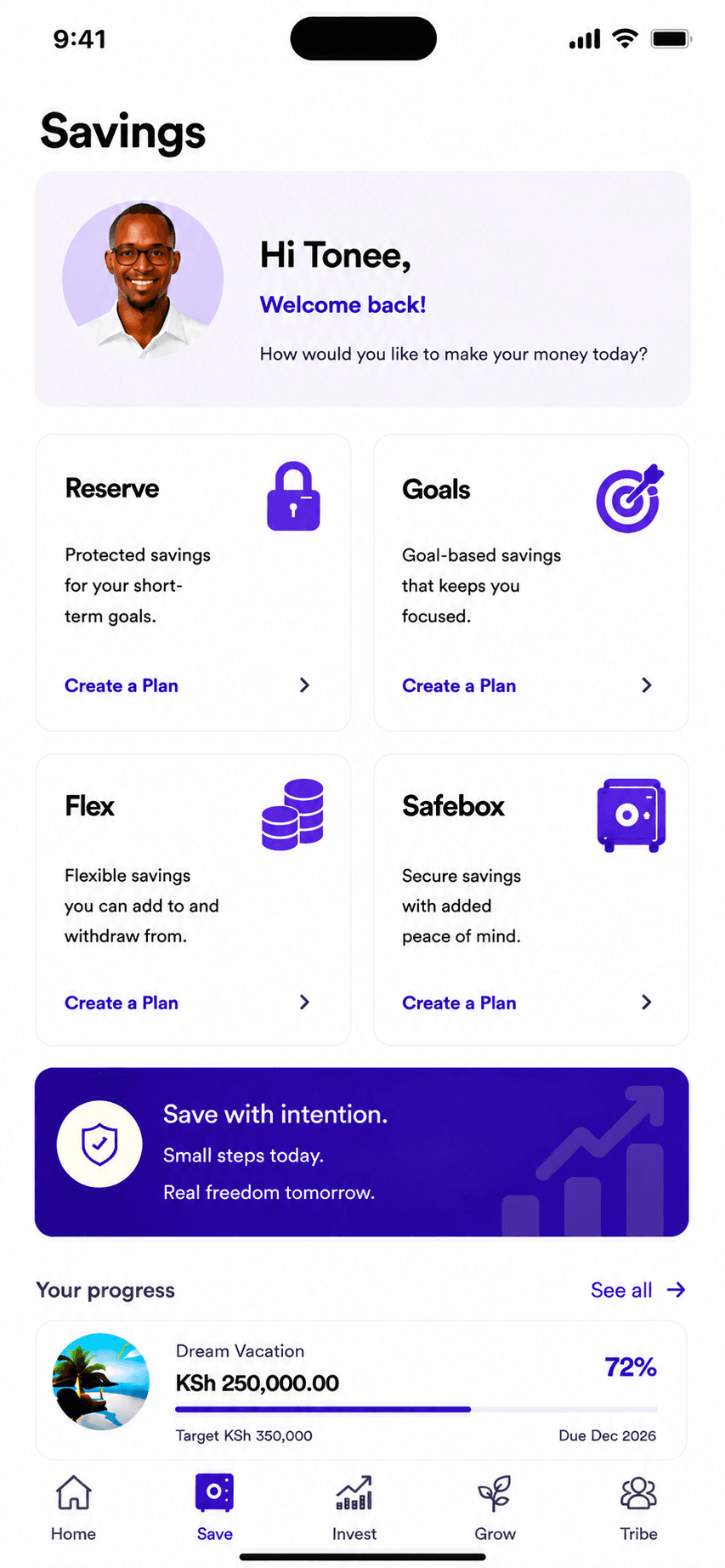 Tribbe app Savings screen