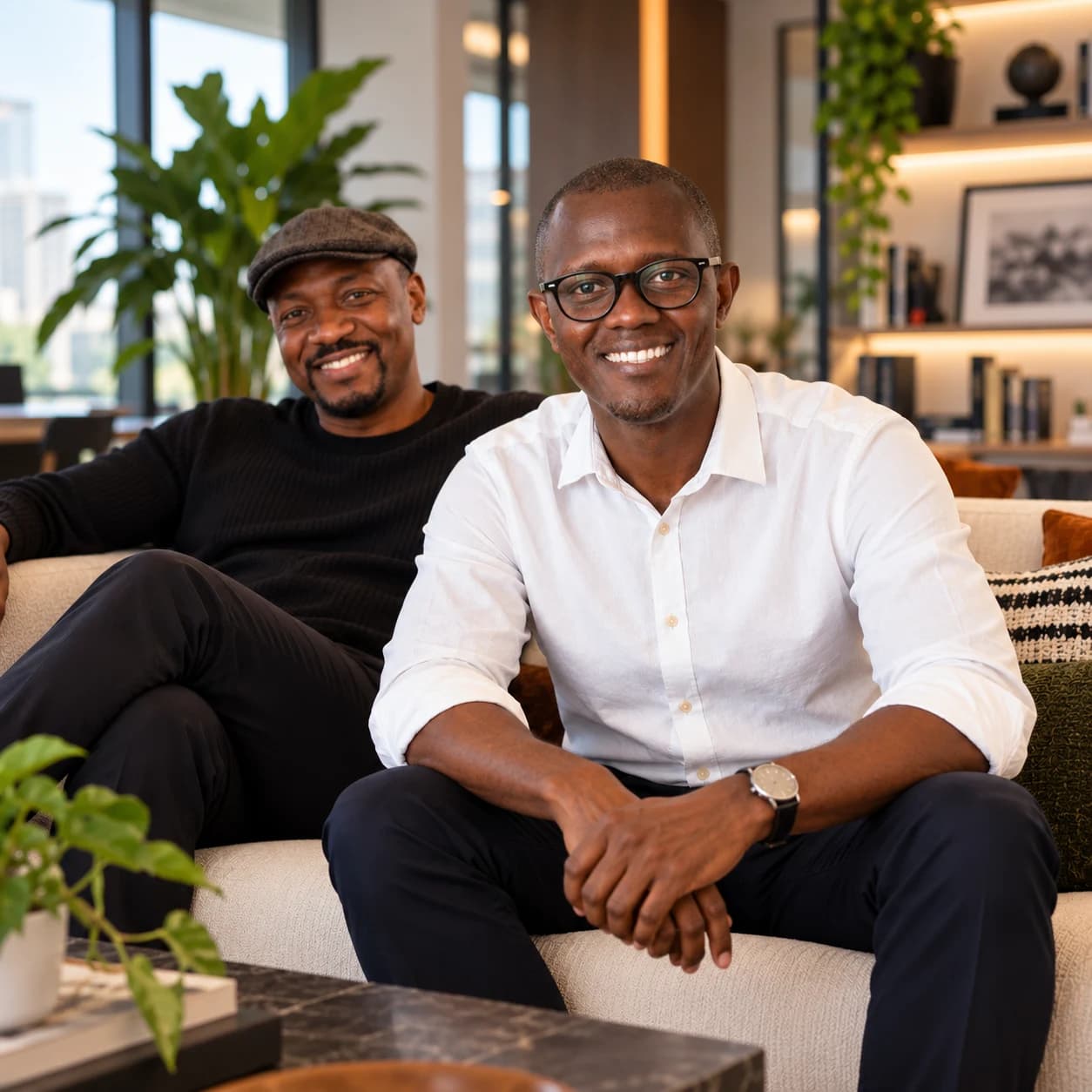 Tonee and Sebastian from Tribbe, smiling together on a sofa